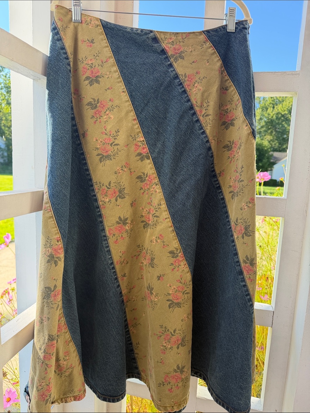 VTG St. John’s Bay 14P Denim & Floral Patchwork A-Line Maxi Skirt